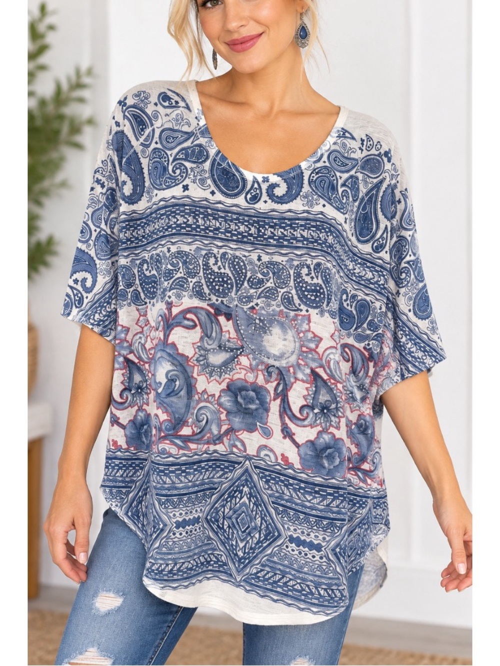 Vocal blue, white, & pink dolman style embellished top size medium